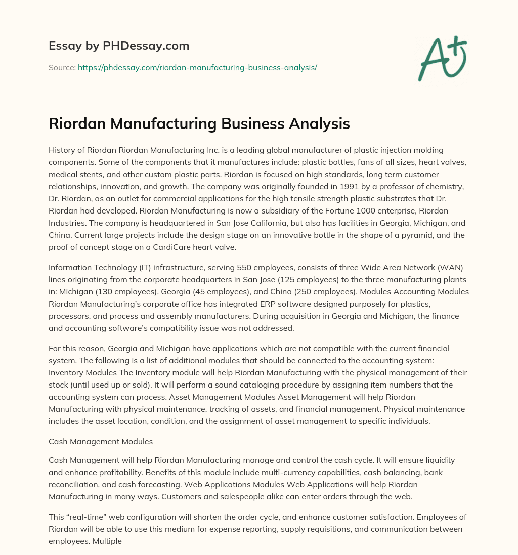 Riordan Manufacturing Business Analysis essay