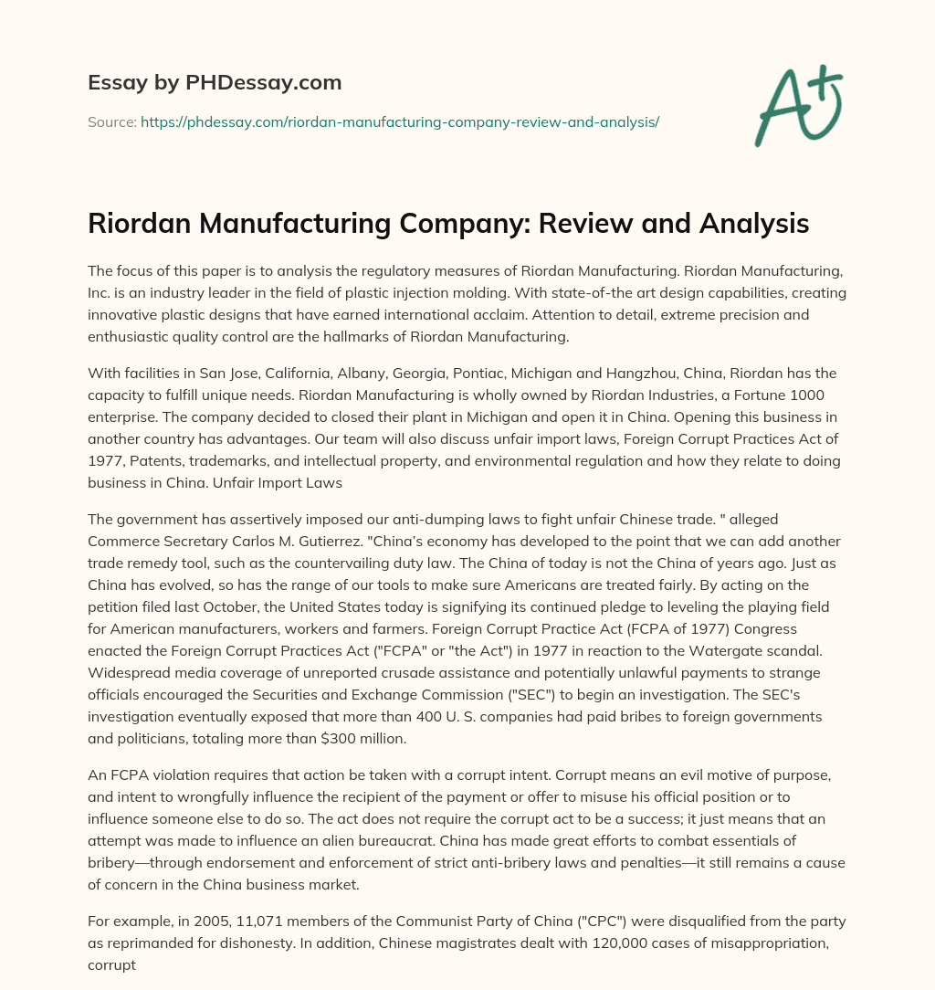 Riordan Manufacturing Company: Review and Analysis essay