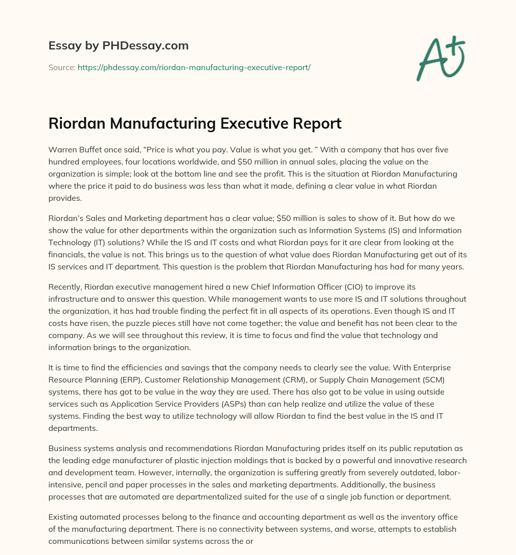 Riordan Manufacturing Executive Report essay