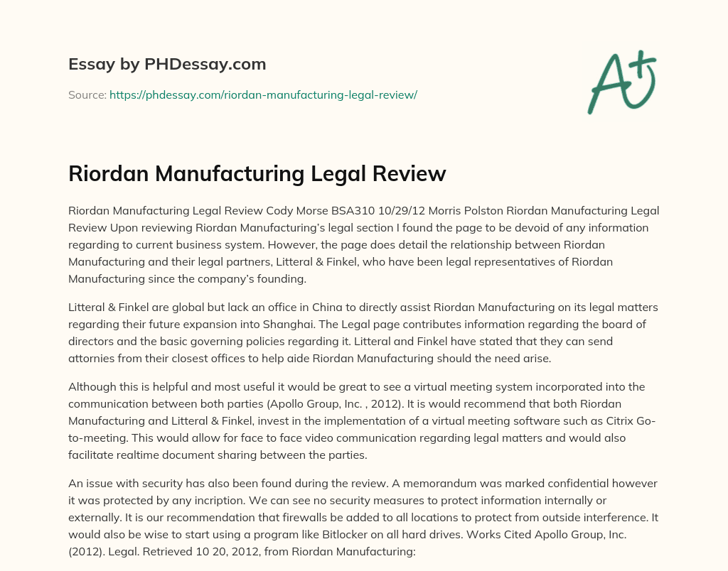 Riordan Manufacturing Legal Review essay