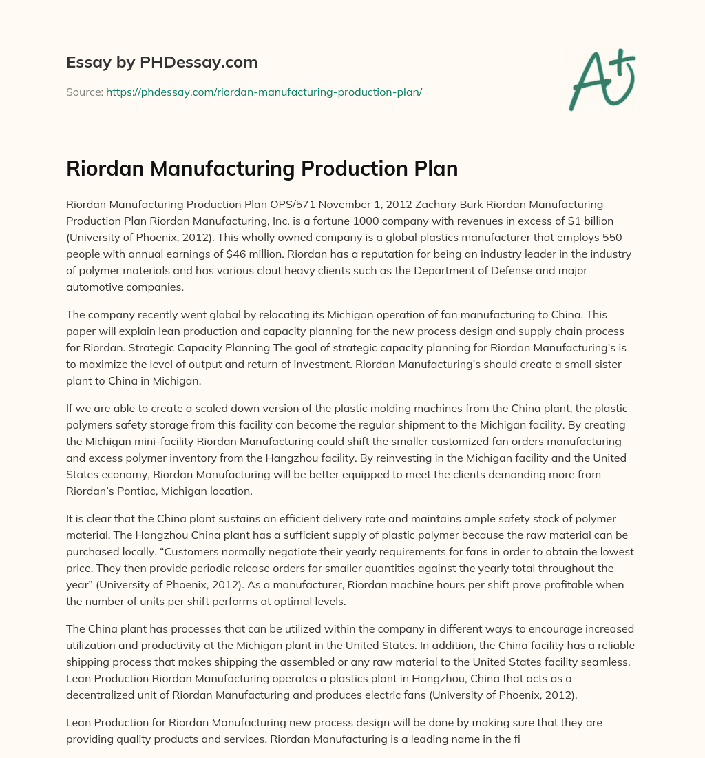 Riordan Manufacturing Production Plan essay