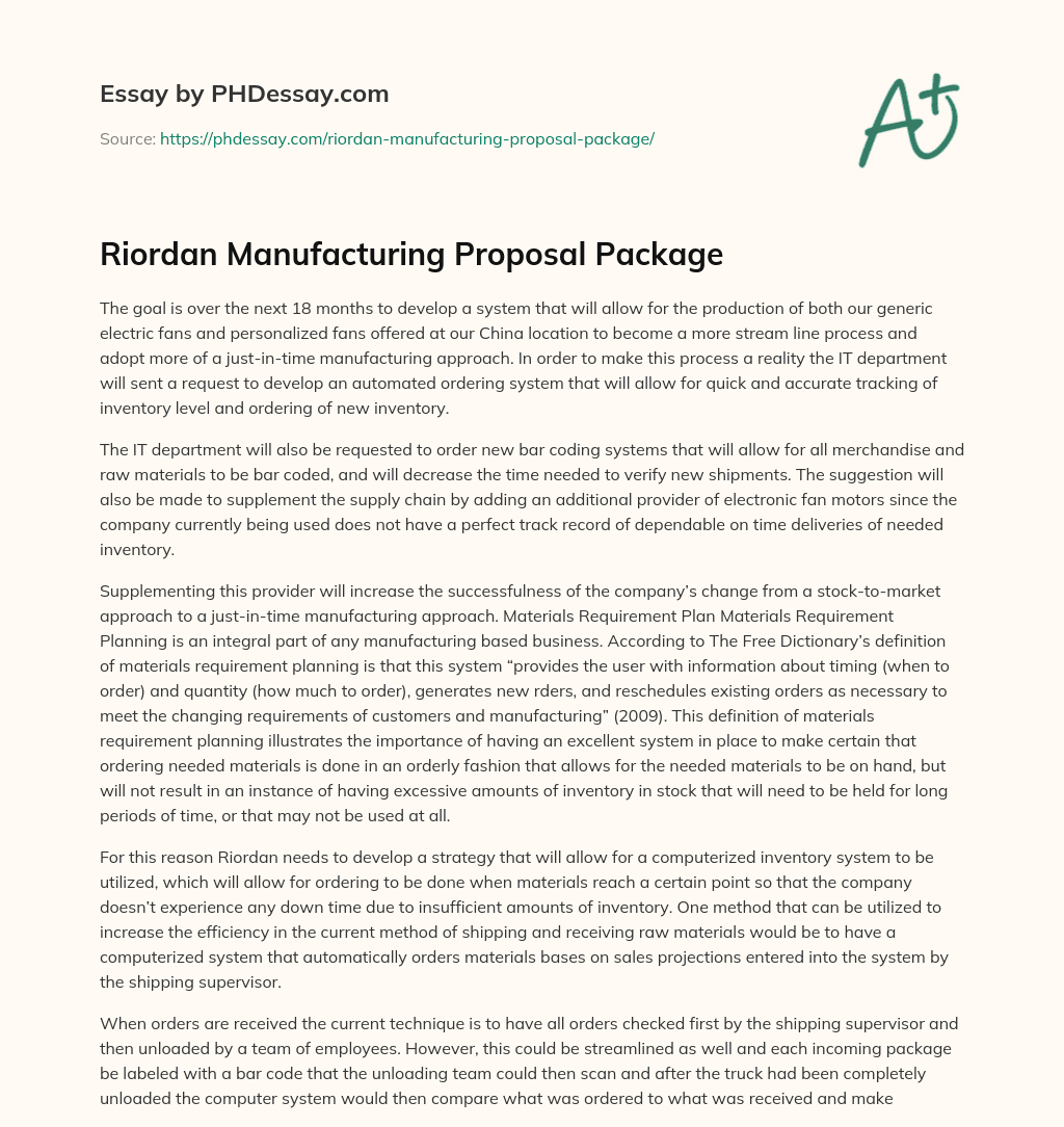 Riordan Manufacturing Proposal Package essay