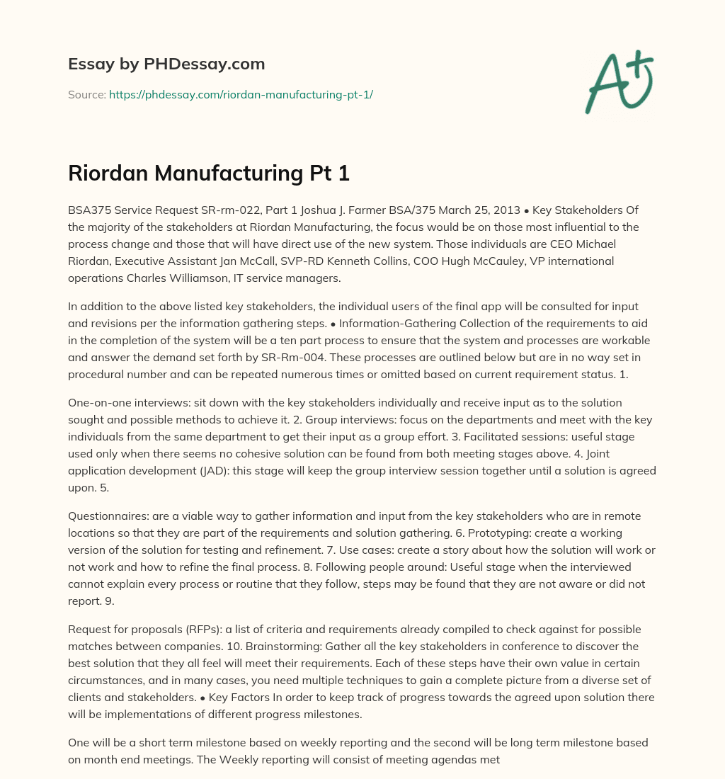 Riordan Manufacturing Pt 1 essay