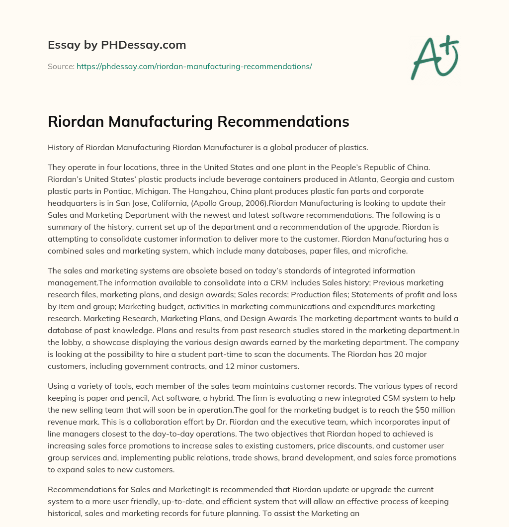 Riordan Manufacturing Recommendations essay
