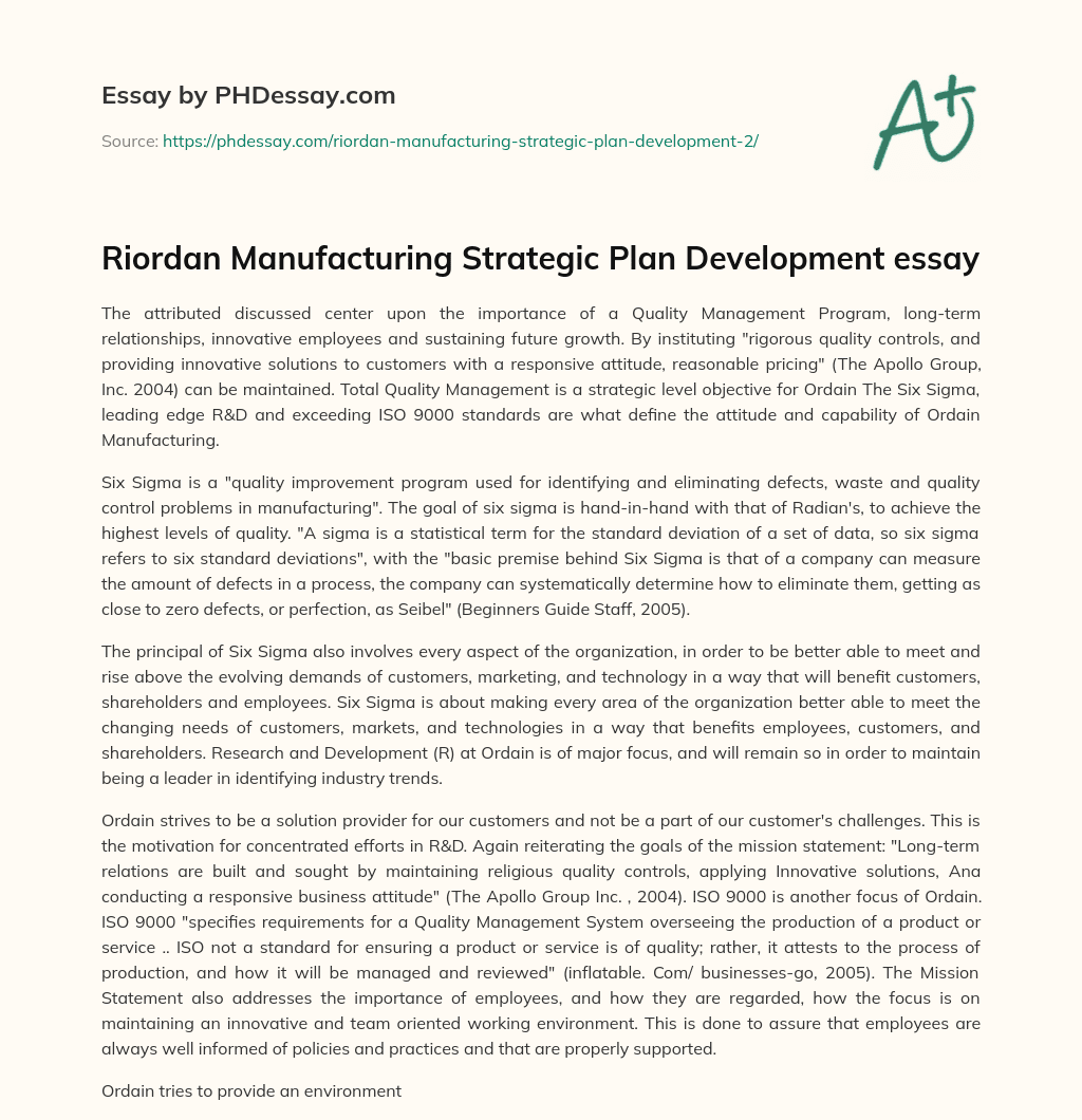 Riordan Manufacturing Strategic Plan Development essay essay