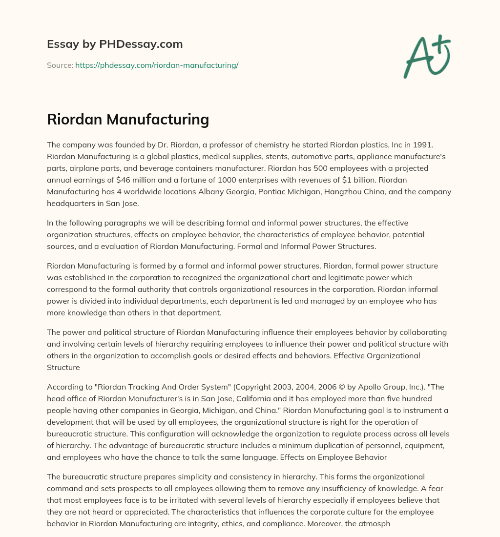 Riordan Manufacturing essay