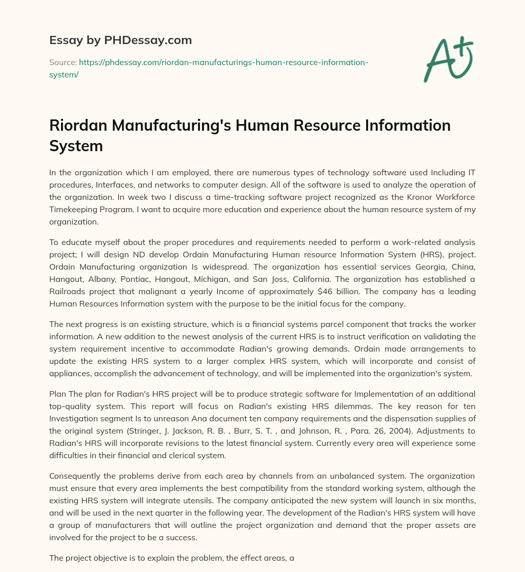 Riordan Manufacturing’s Human Resource Information System essay