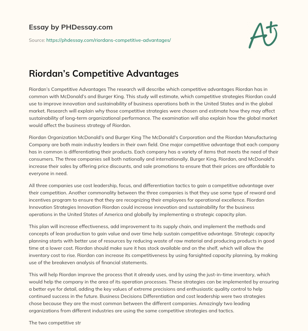 Riordan’s Competitive Advantages essay