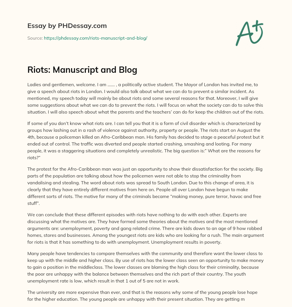 Riots: Manuscript and Blog essay