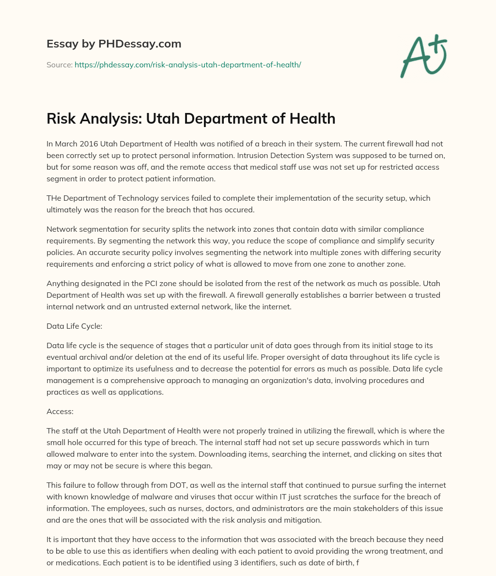Risk Analysis: Utah Department of Health essay