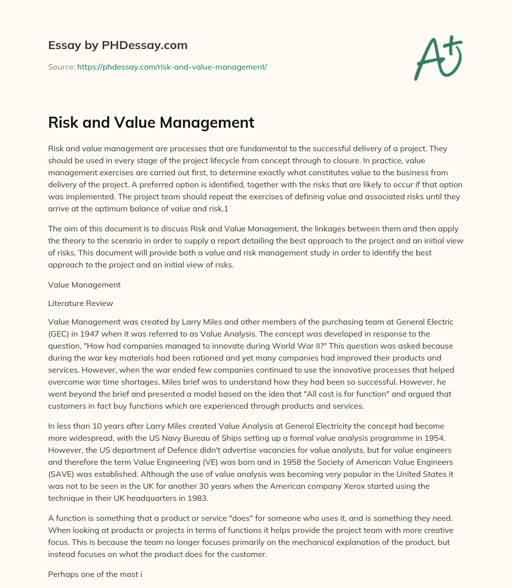 Risk and Value Management essay