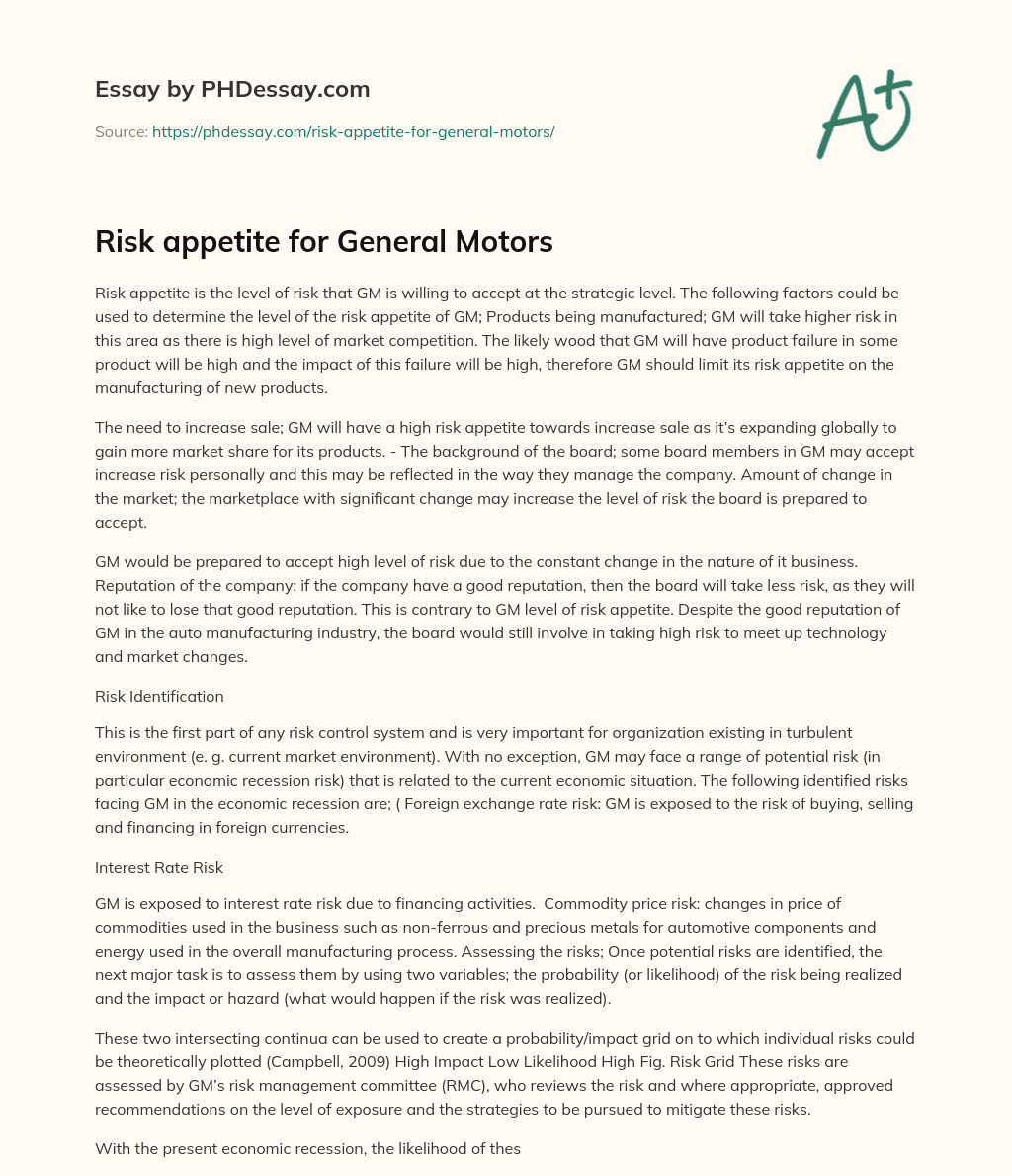 Risk appetite for General Motors essay