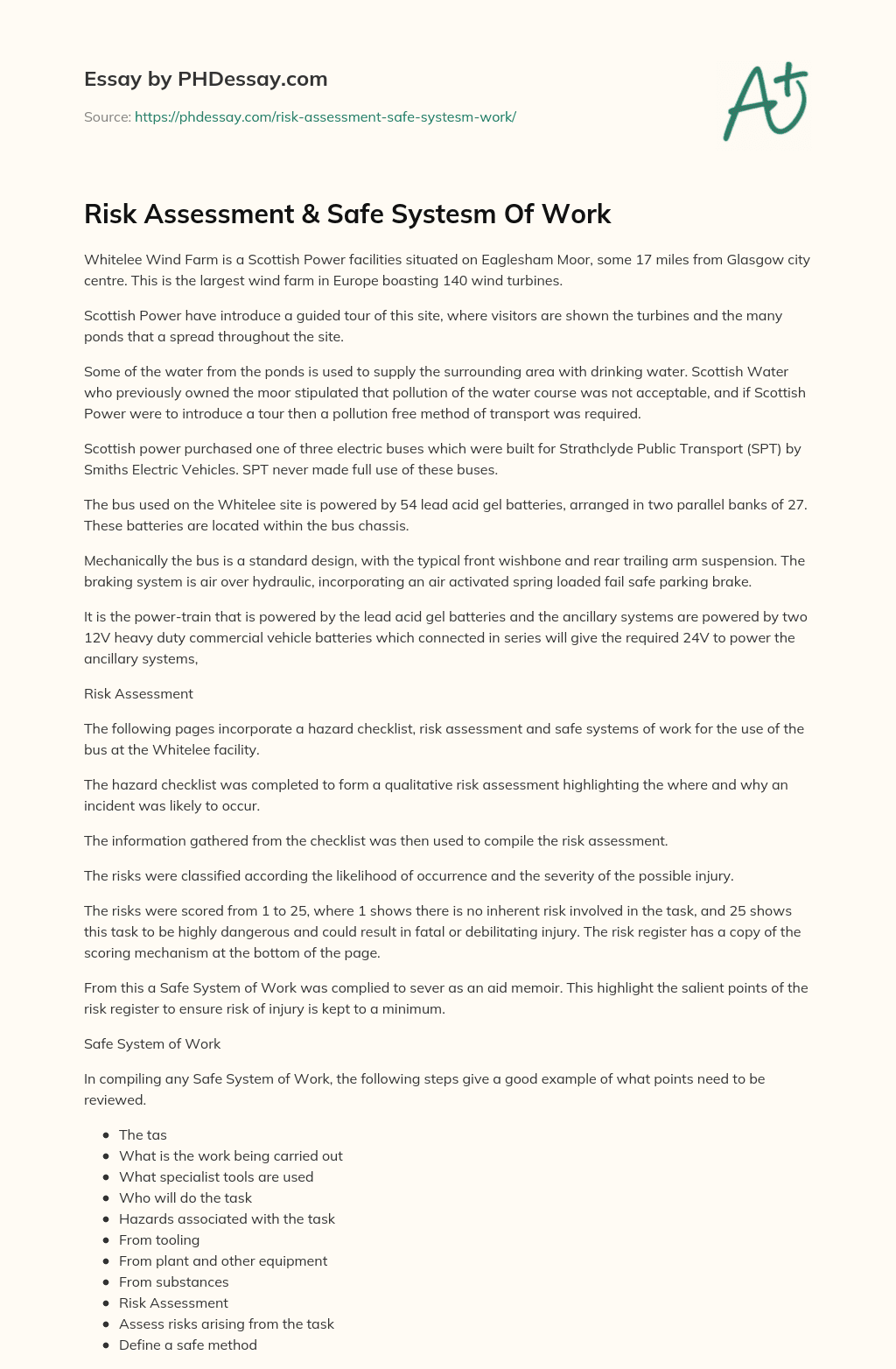 Risk Assessment & Safe Systesm Of Work essay