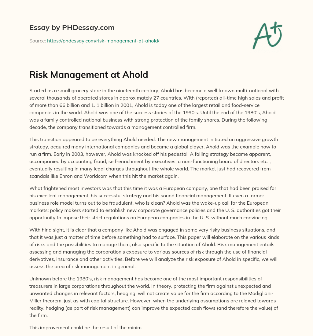 Risk Management at Ahold essay
