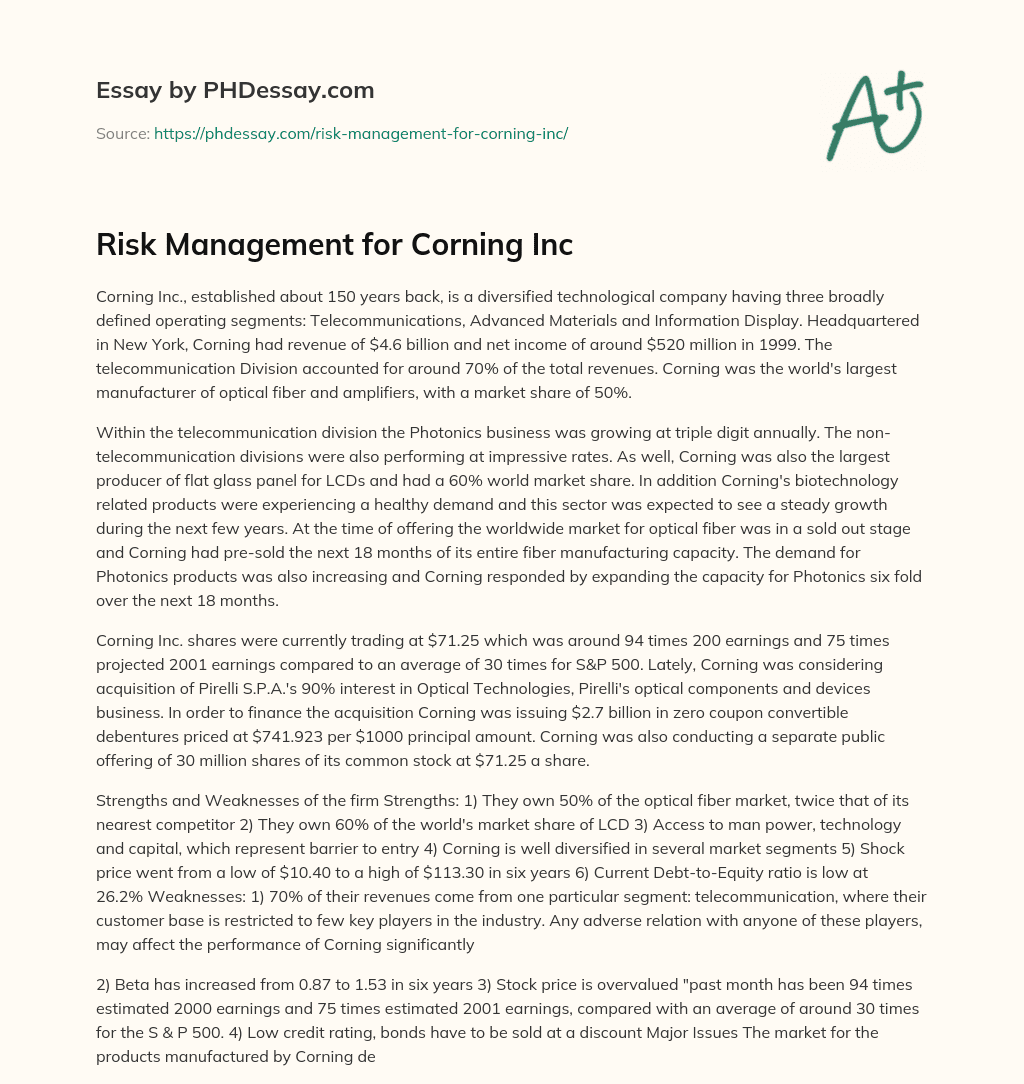 Risk Management for Corning Inc essay
