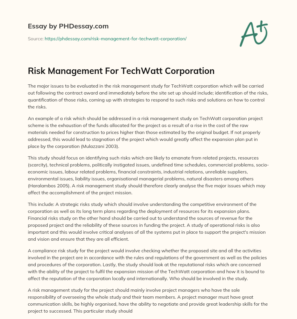 Risk Management For TechWatt Corporation essay
