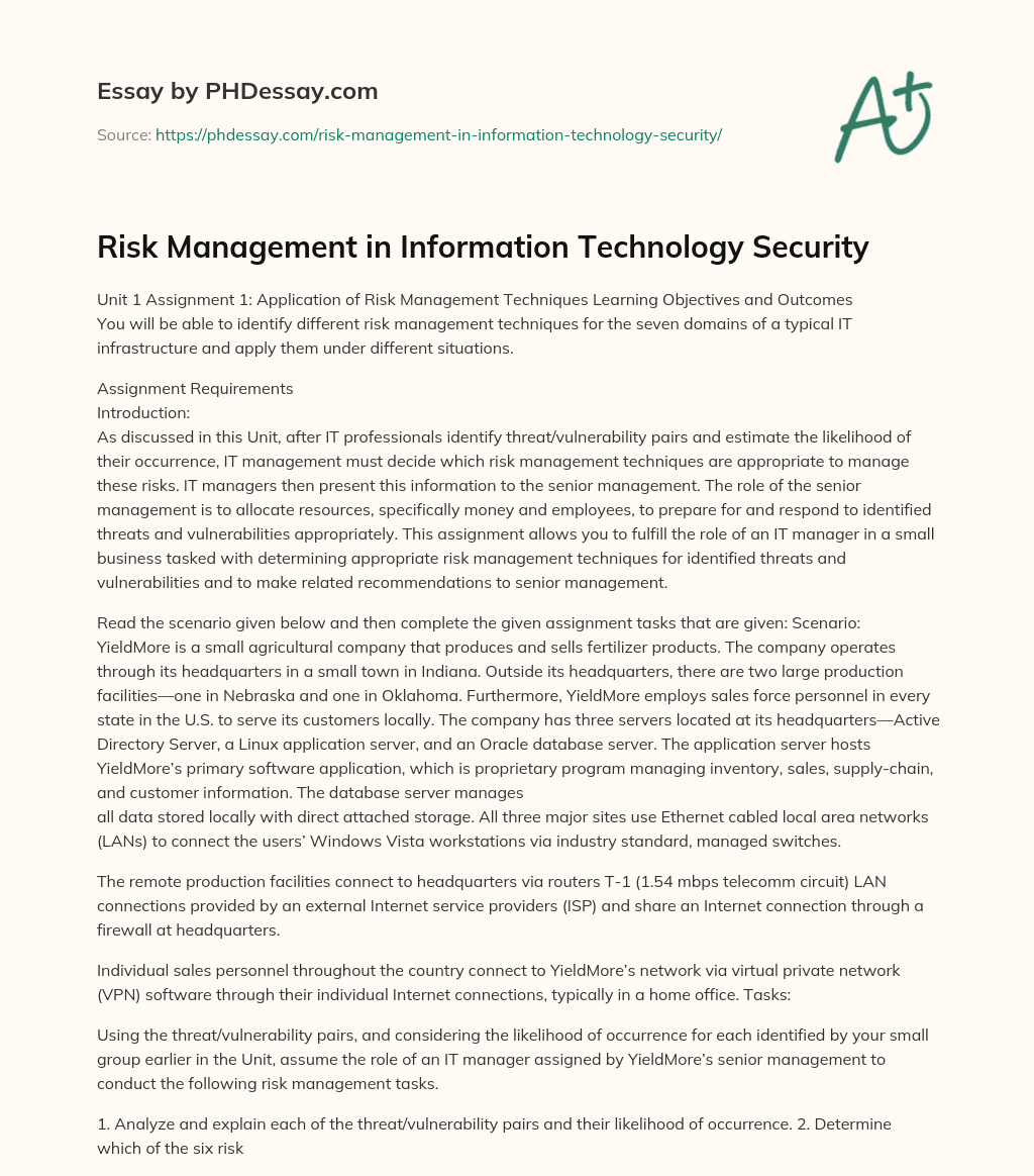 Risk Management in Information Technology Security essay