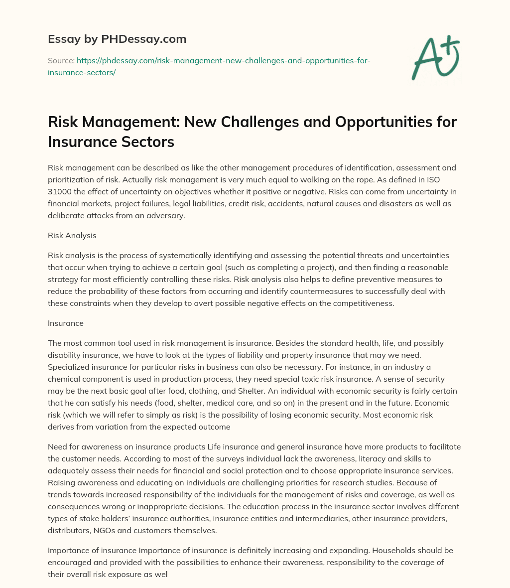 Risk Management: New Challenges and Opportunities for Insurance Sectors essay