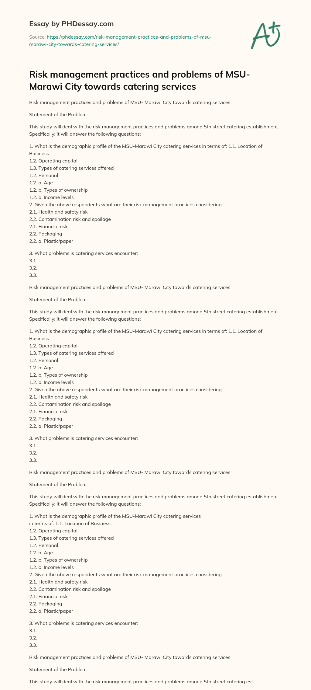 Risk management practices and problems of MSU- Marawi City towards catering services essay