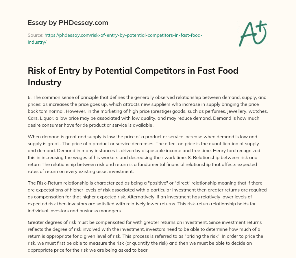 Risk of Entry by Potential Competitors in Fast Food Industry essay