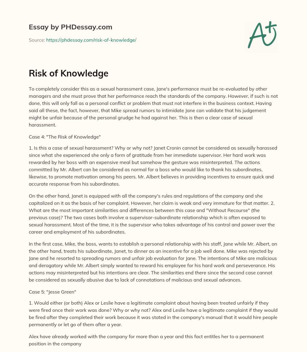 Risk of Knowledge - PHDessay.com