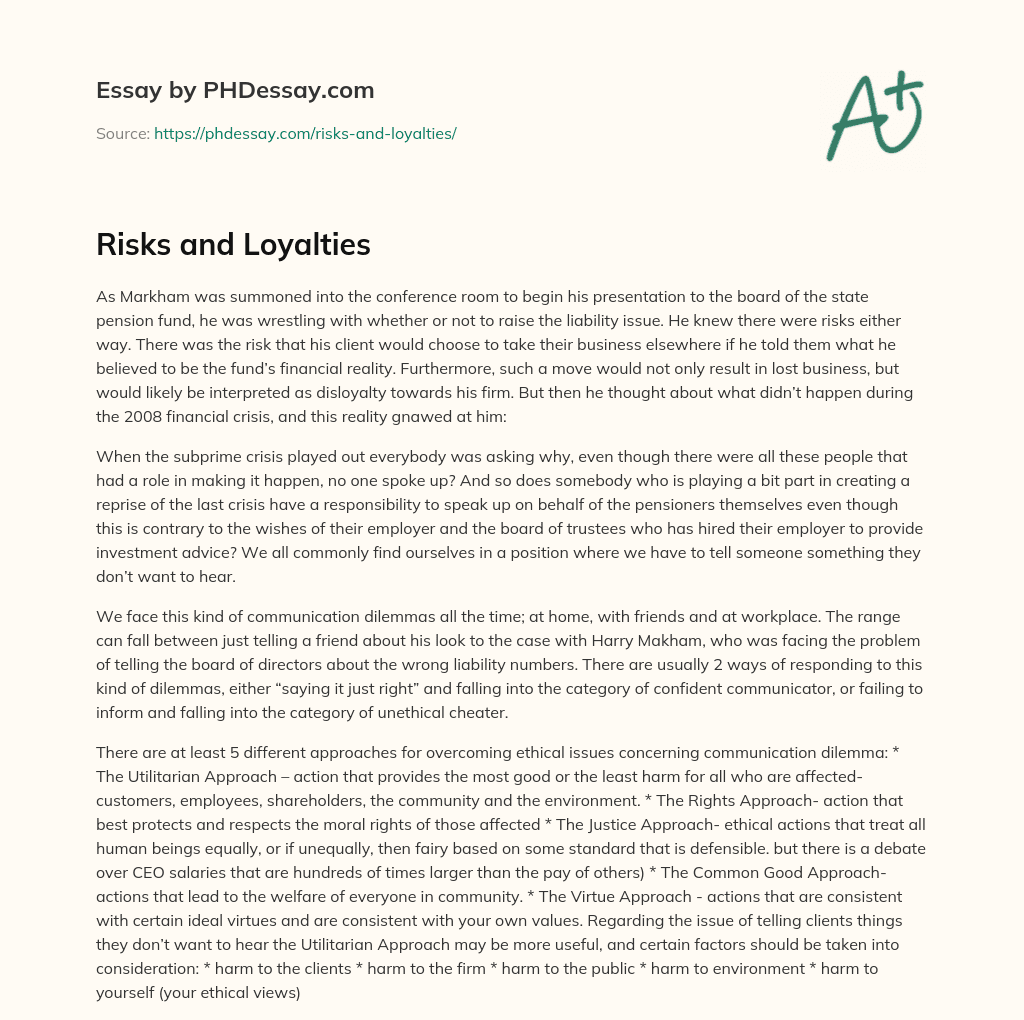 Risks and Loyalties essay