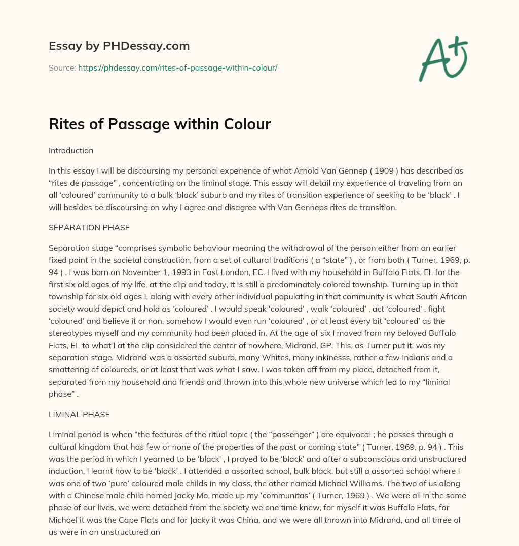 Rites of Passage within Colour essay