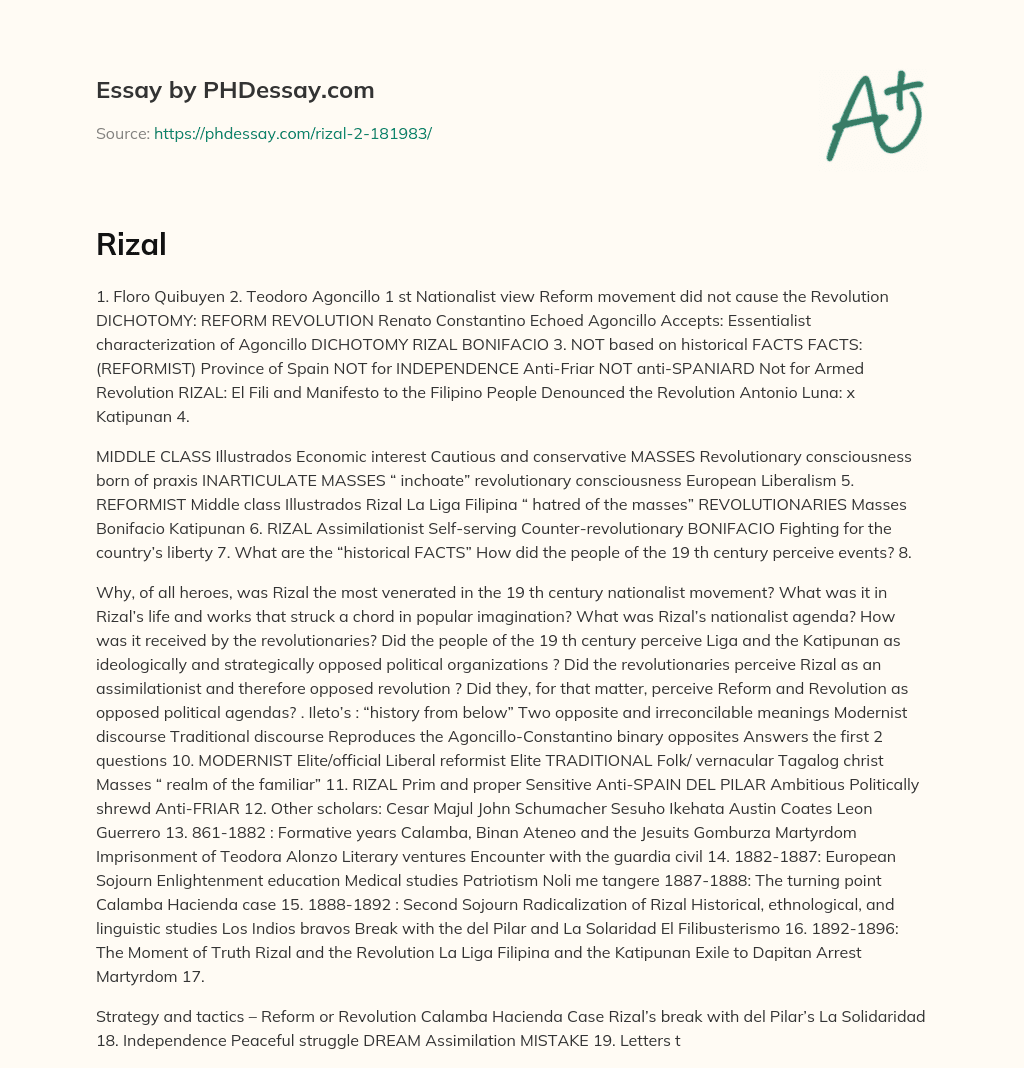 Nationalist Views on Reform and Revolution in 19th Century Philippines: Dichotomy, Middle Class, and Historical Facts essay