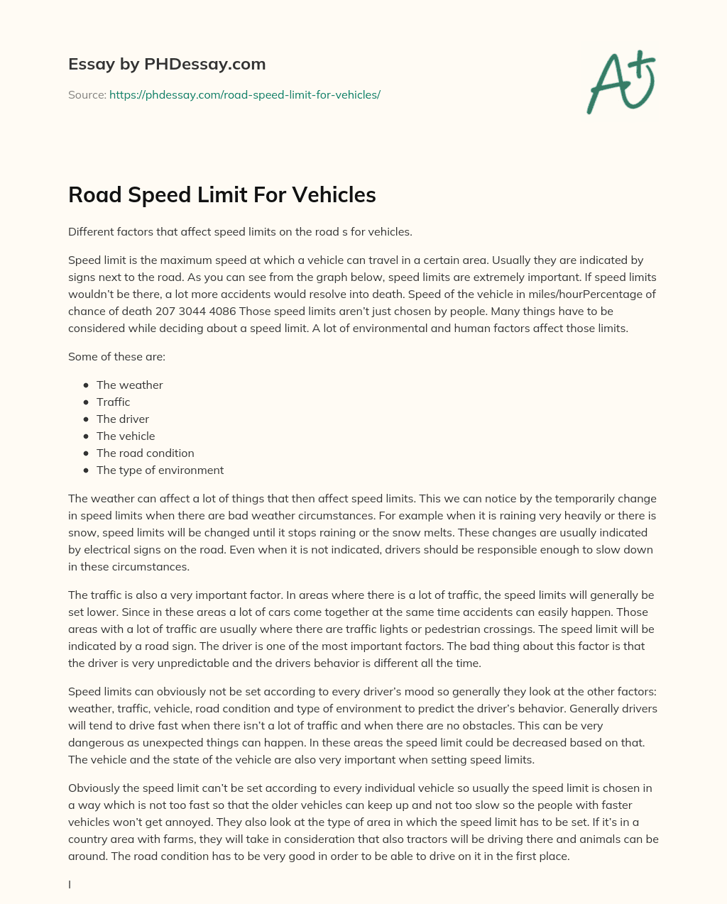 Road Speed Limit For Vehicles essay