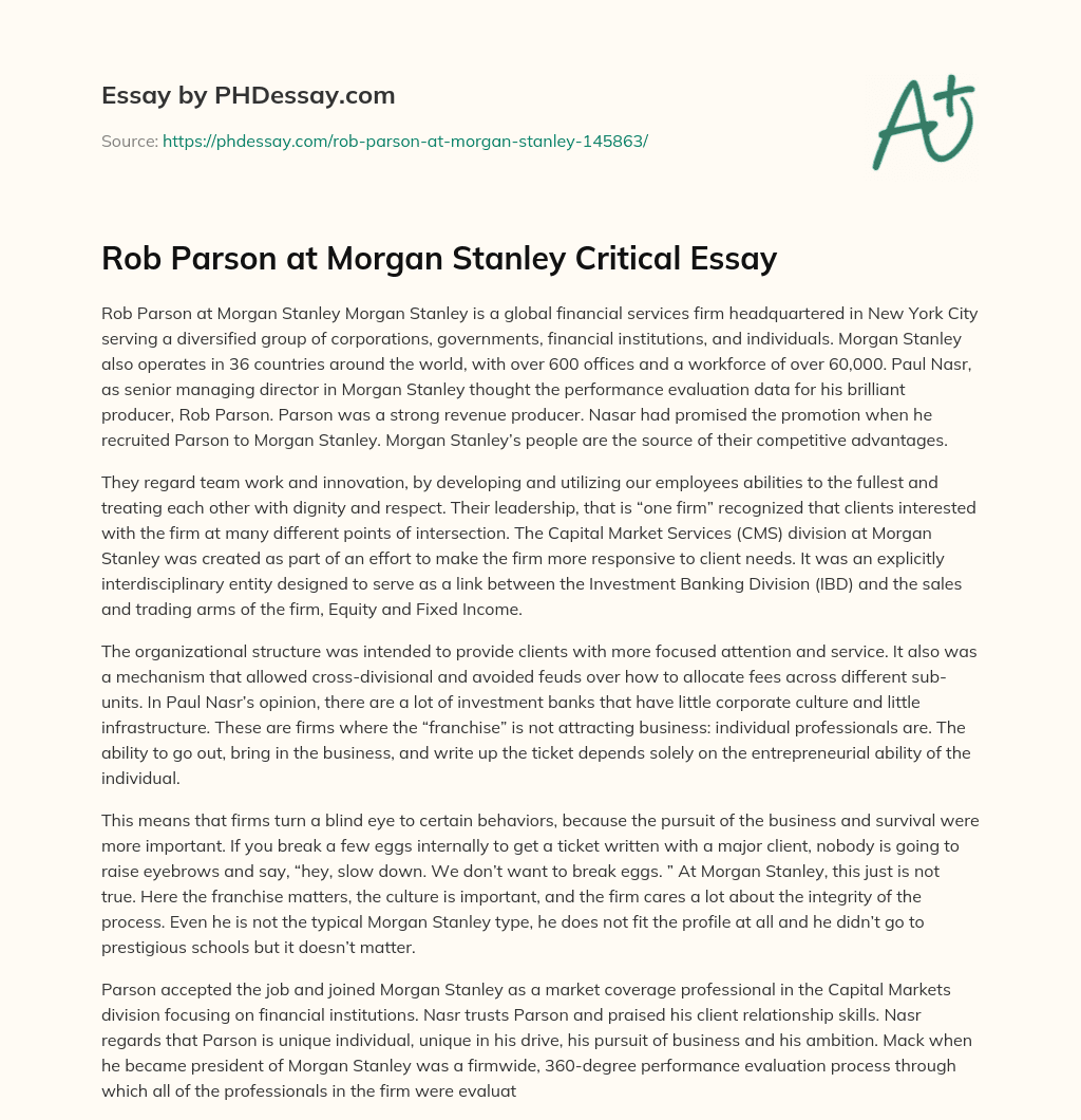 Rob Parson at Morgan Stanley Critical Essay essay