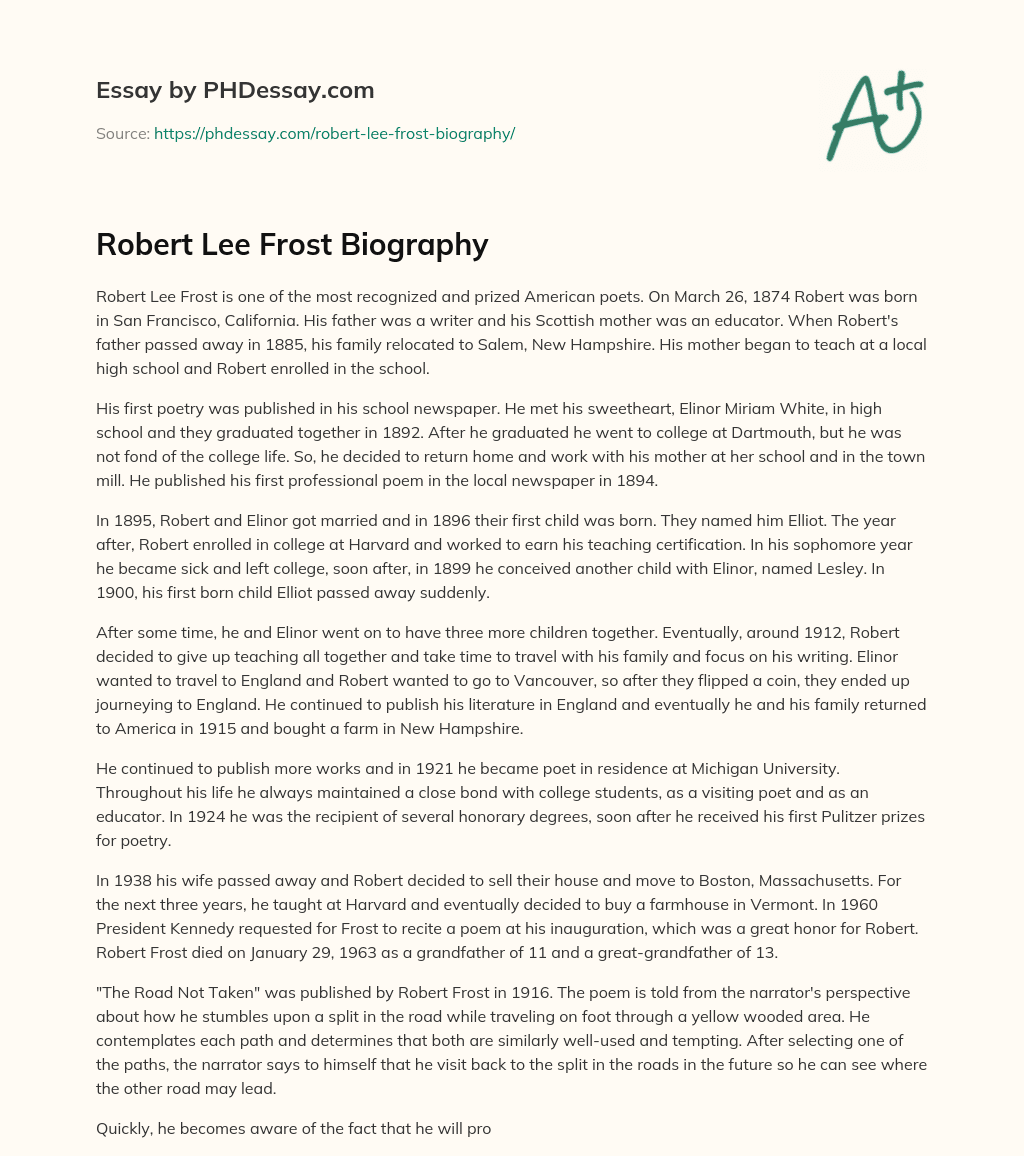 Robert Lee Frost Biography essay