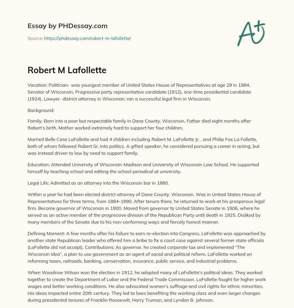 Robert M Lafollette essay