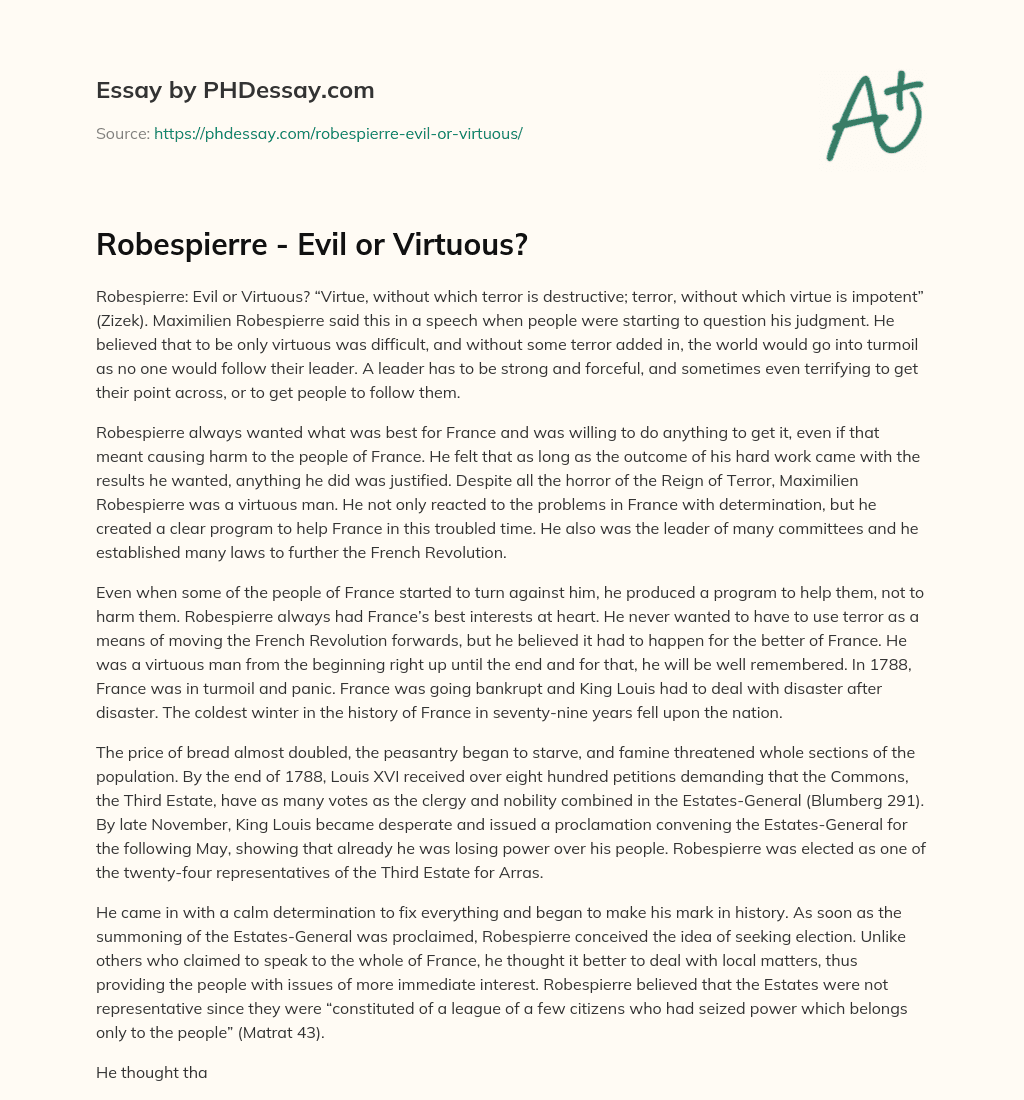 Robespierre – Evil or Virtuous? essay