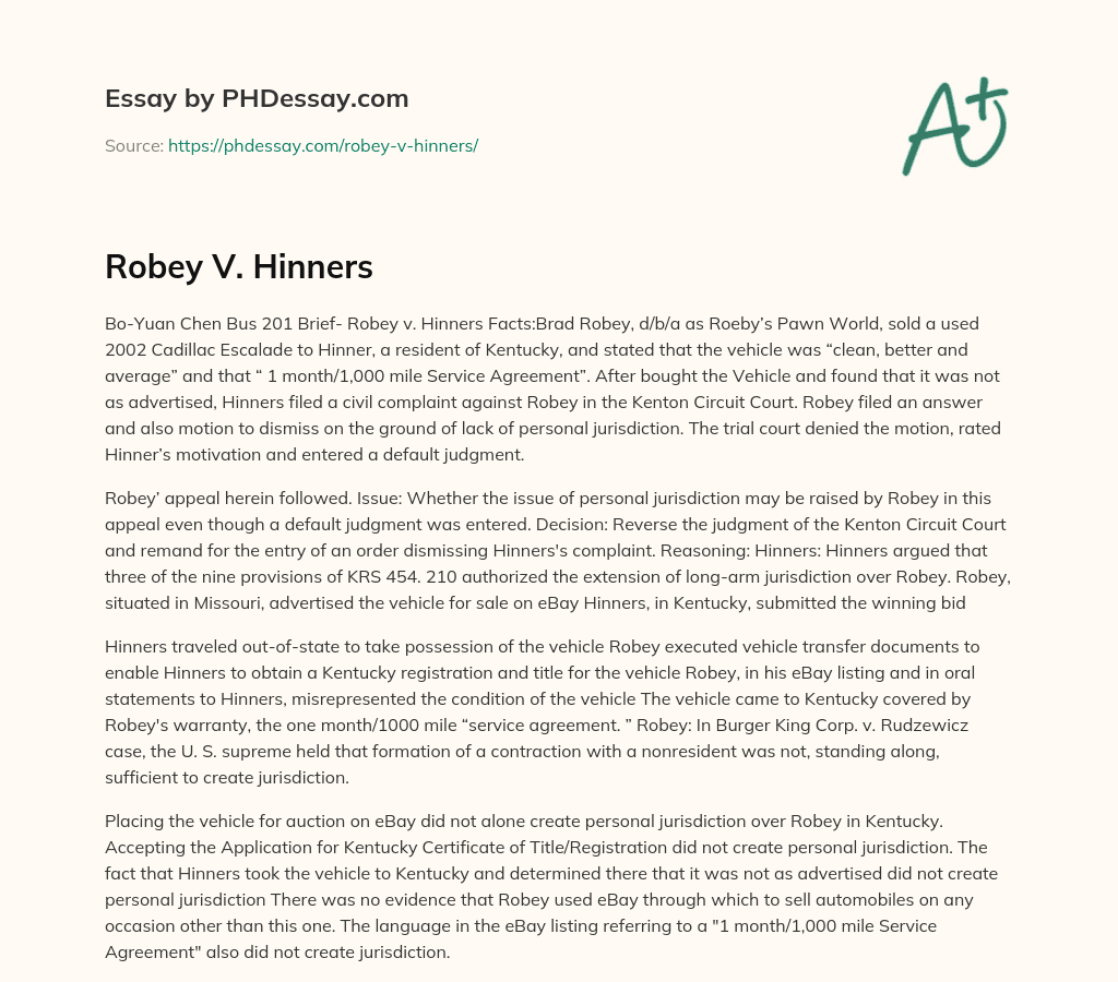Robey V. Hinners essay