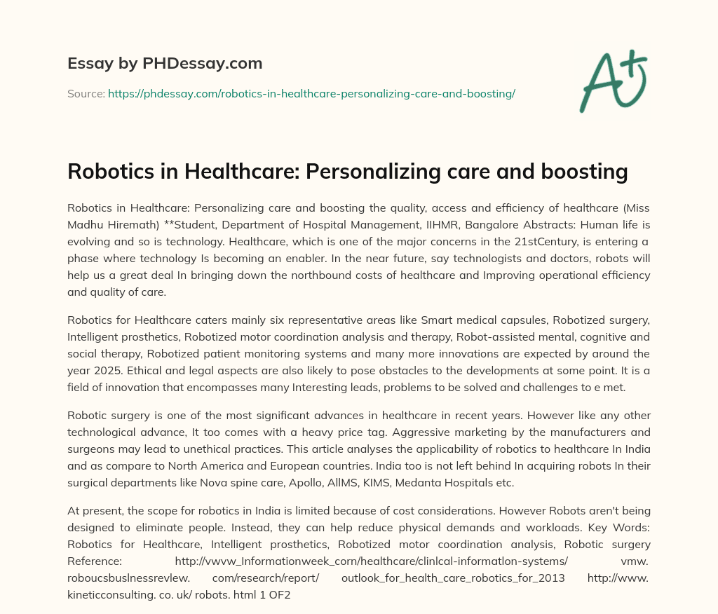 Robotics in Healthcare: Personalizing care and boosting essay