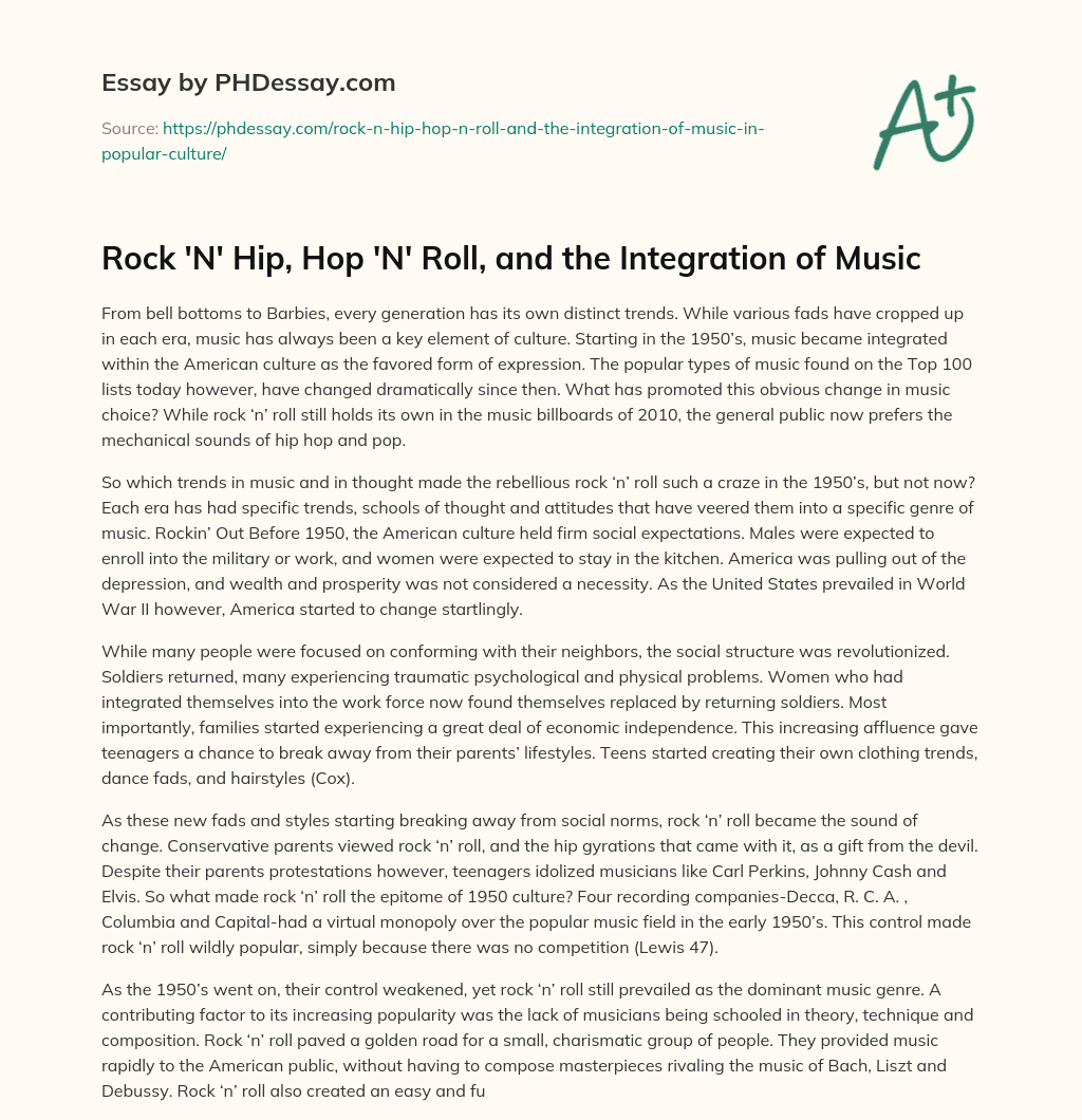 Rock ‘N’ Hip, Hop ‘N’ Roll, and the Integration of Music essay