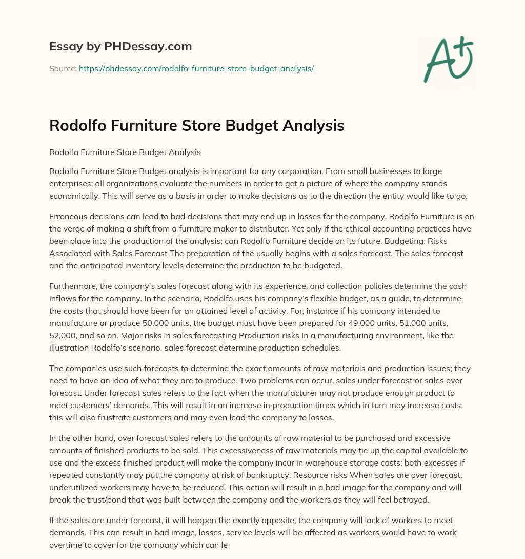 Rodolfo Furniture Store Budget Analysis essay