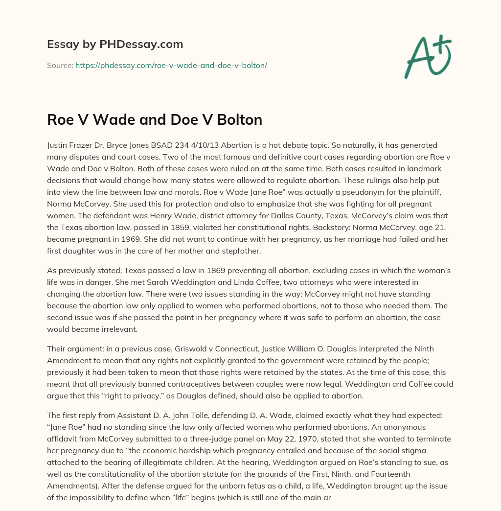Roe V Wade and Doe V Bolton essay