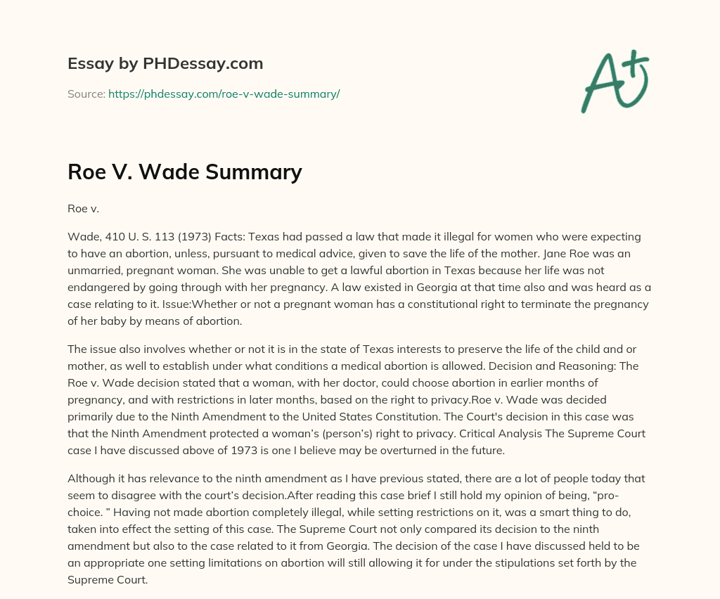 Roe V. Wade Summary essay
