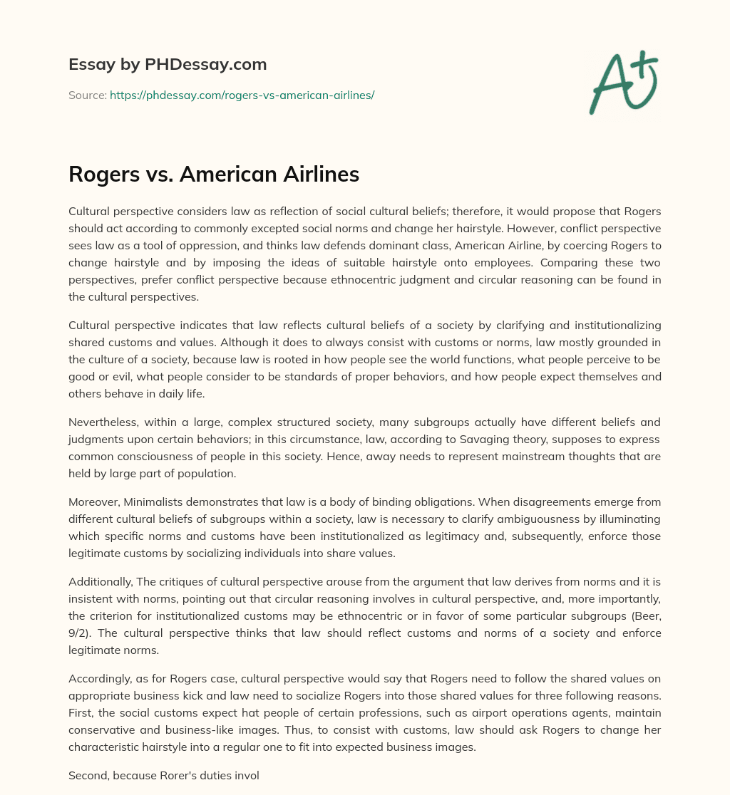 Rogers vs. American Airlines essay