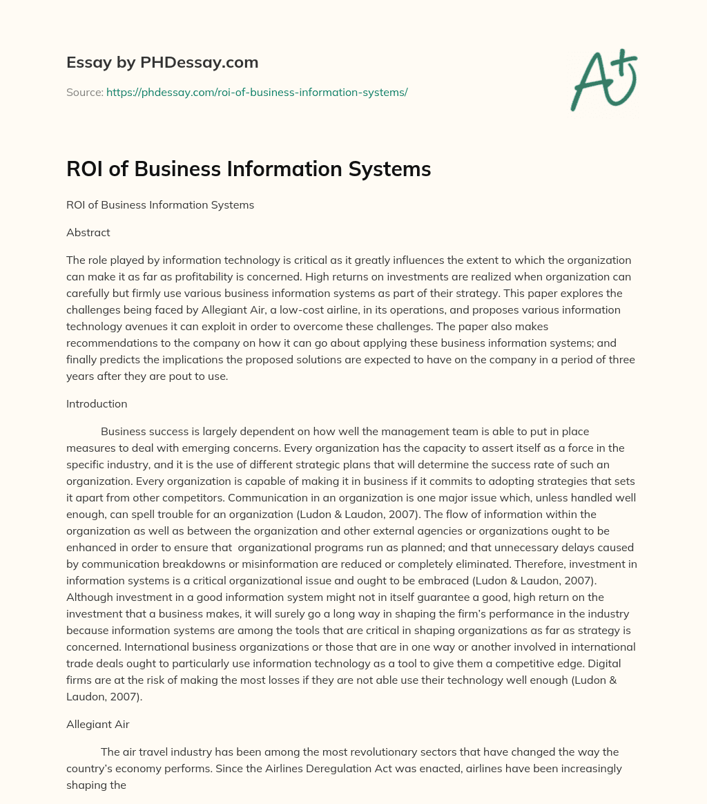 ROI of Business Information Systems essay