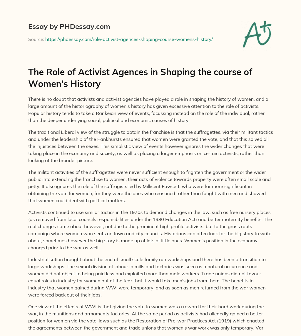 The Role of Activist Agences in Shaping the course of Women’s History essay