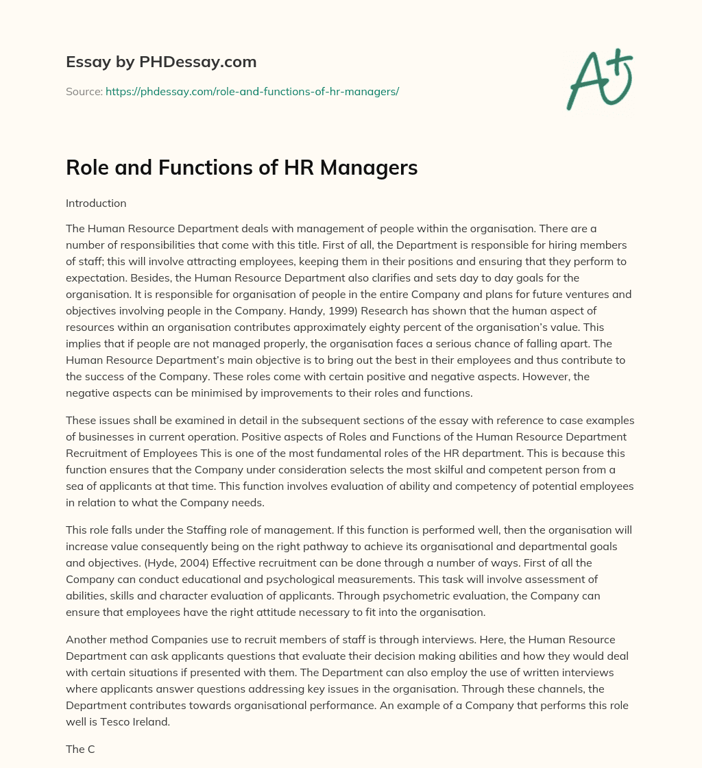 Role and Functions of HR Managers essay