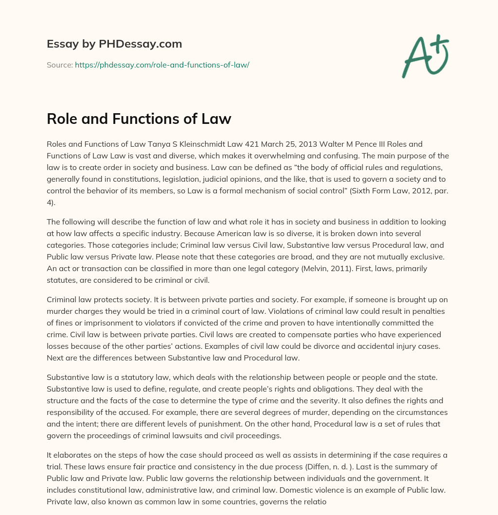 Role and Functions of Law essay