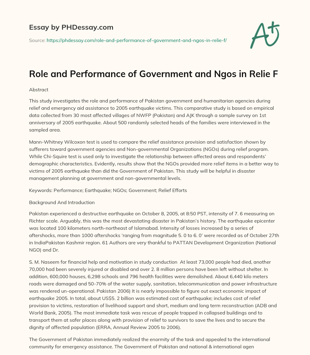 Role and Performance of Government and Ngos in Relie F essay