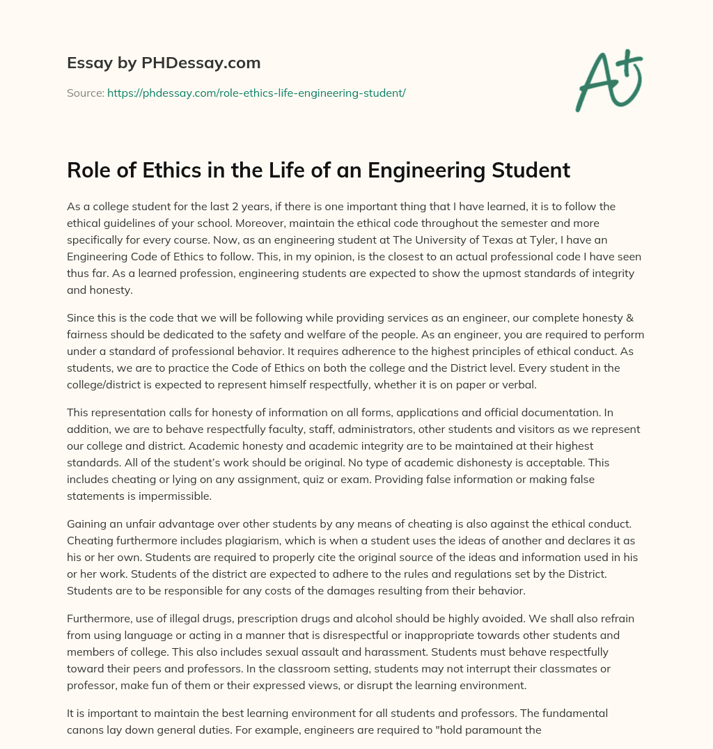 Role of Ethics in the Life of an Engineering Student essay