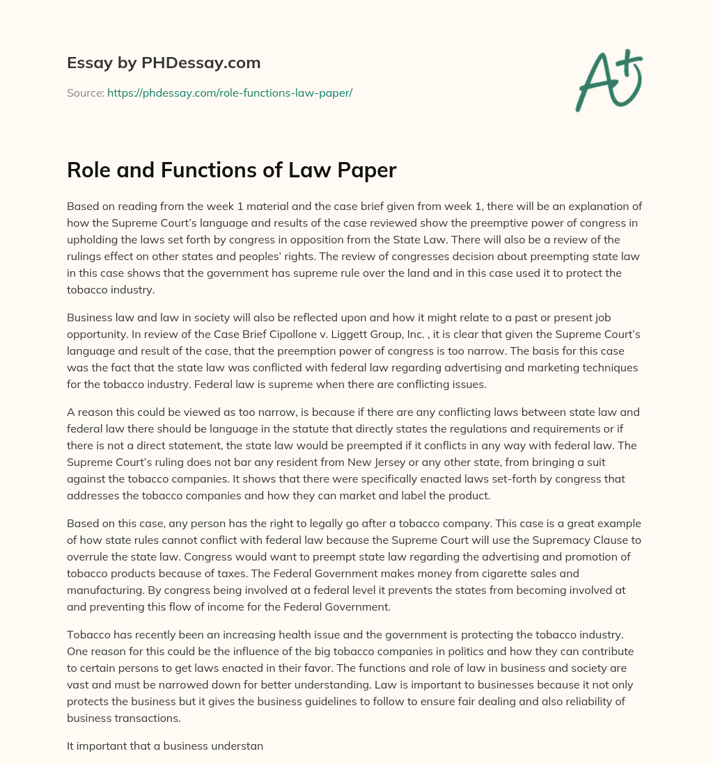 Role and Functions of Law Paper essay