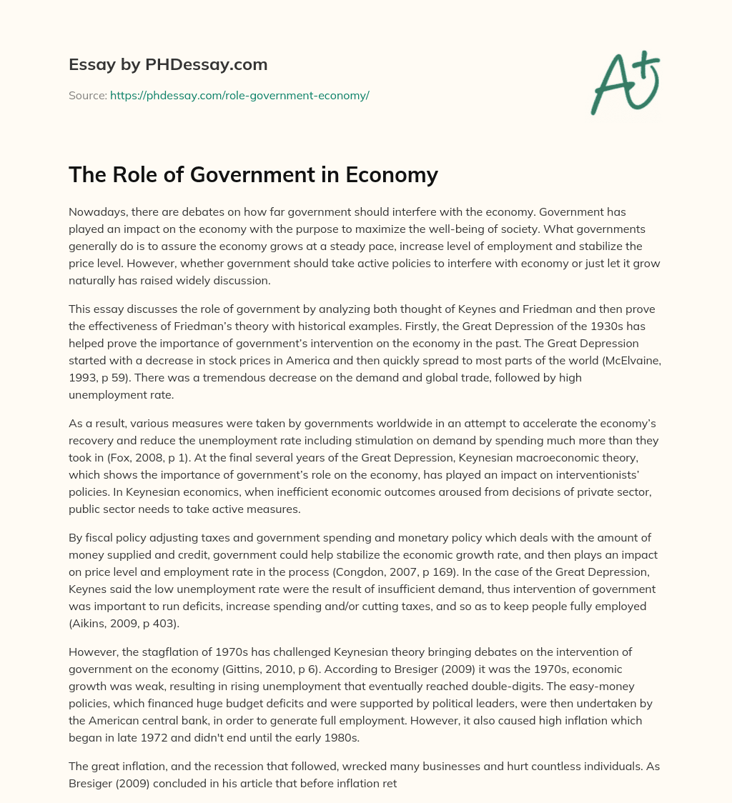 The Role Of Government In Economy PHDessay