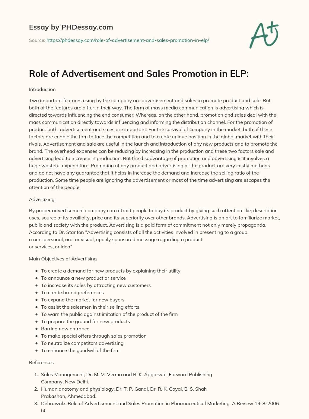 Role of Advertisement and Sales Promotion in ELP: essay
