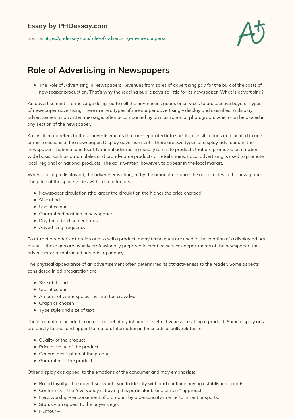 Role of Advertising in Newspapers essay